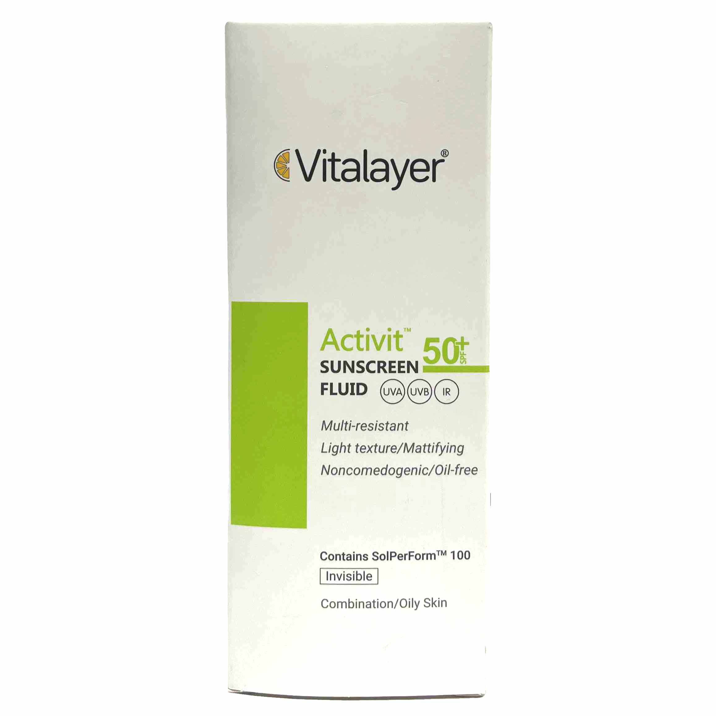 فلوئید ضد آفتاب بی رنگ SPF50 پوست چرب اکتی ویت ویتالیر Vitalayer
